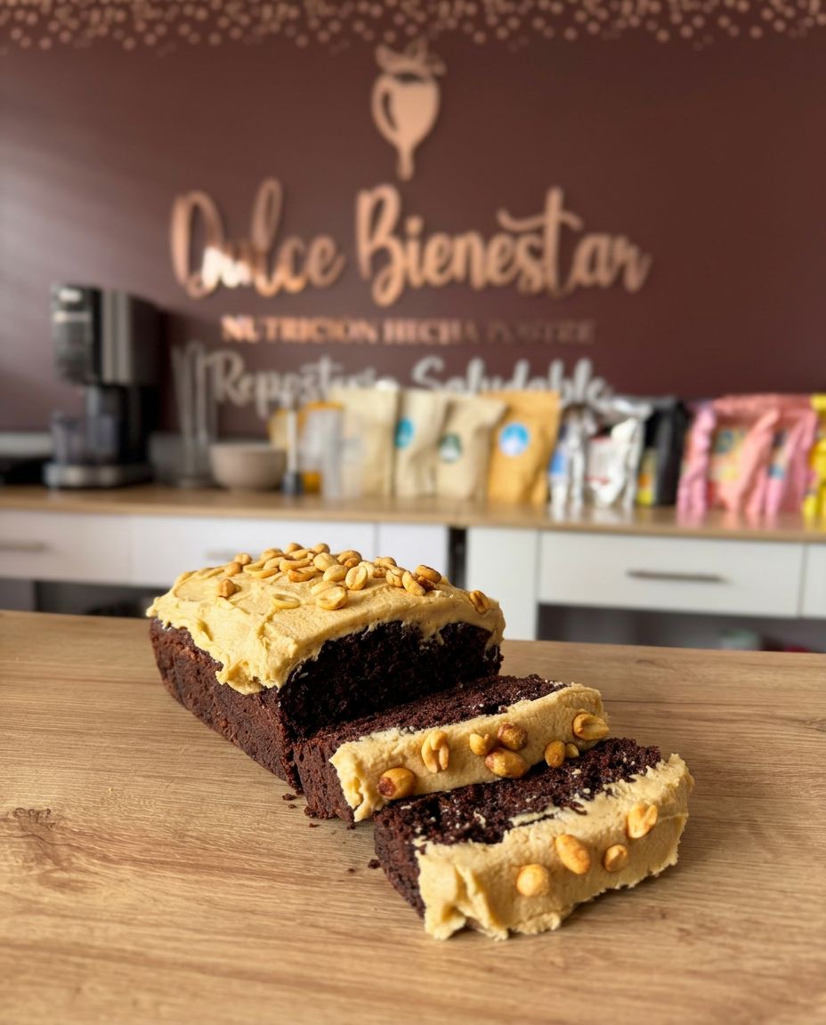 Budín keto de chocolate con crema de maní y maníes