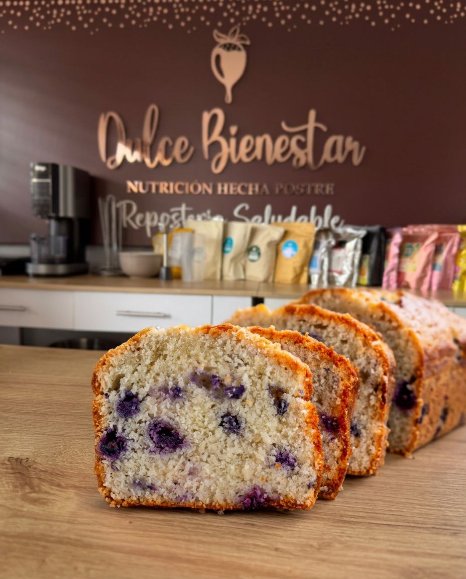 Budín keto de arándanos en rodajas sobre mesa de madera
