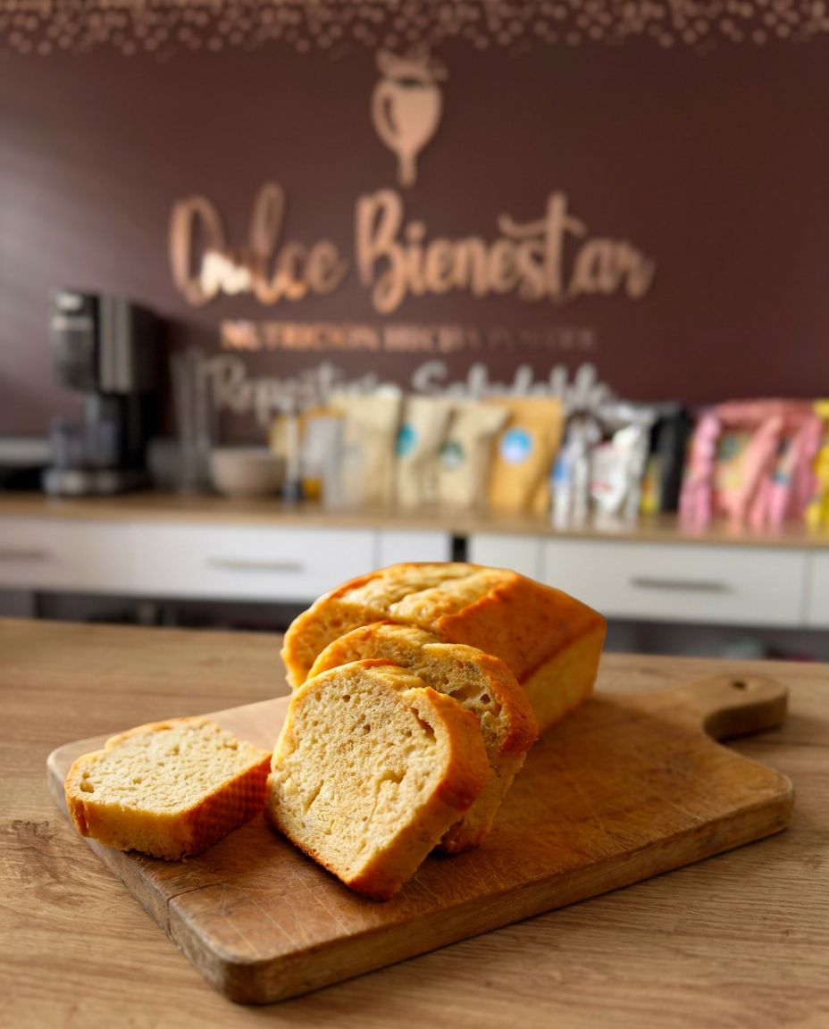 Budín saludable de vainilla en tabla de madera