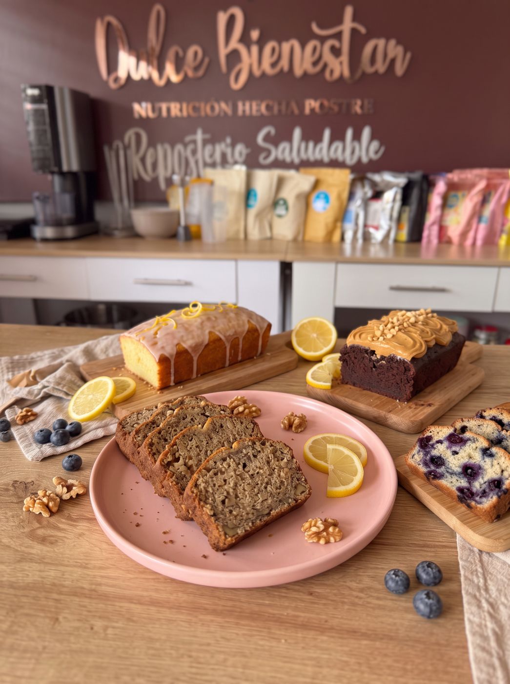 Colección de budines saludables y keto decorados sobre mesa crema con lino rosa palo